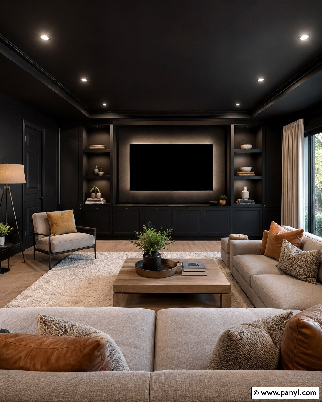 Black Color Drenched TV Room - 20 Tv Wall Dark Paint Ideas
