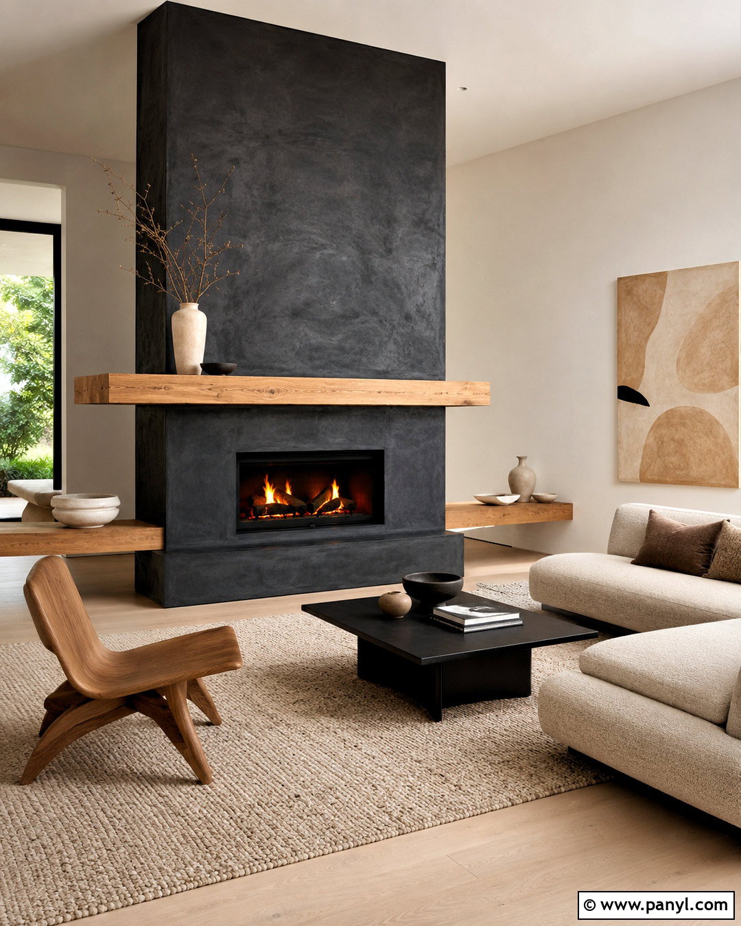 Black Concrete And White Oak Fireplace - 20 black and white fireplace ideas