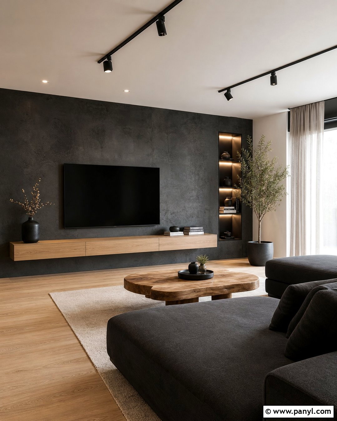 Black Concrete TV Wall - 35 Black Wall Behind Tv Ideas