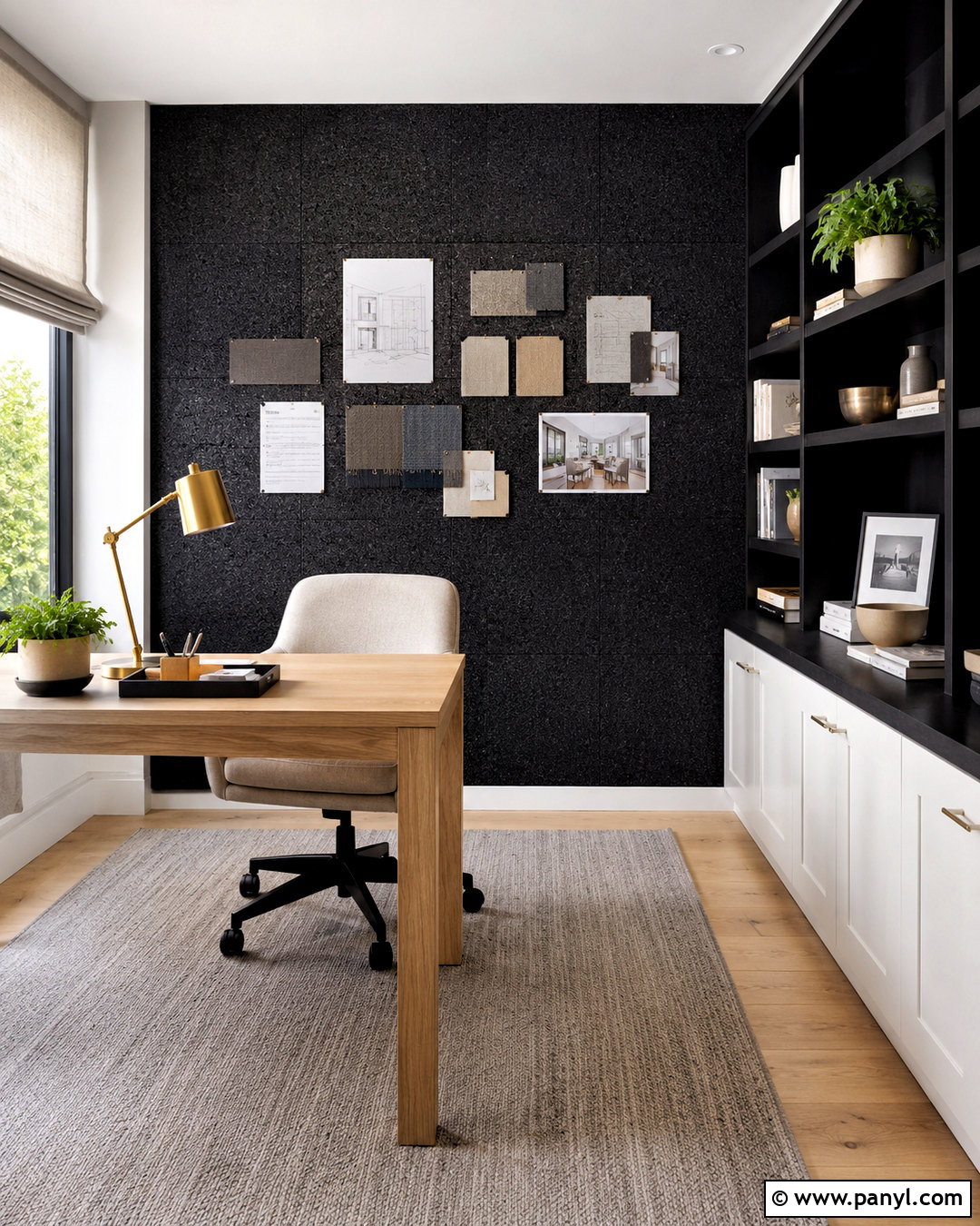 Black Cork Home Office Wall - 20 black textured wall ideas