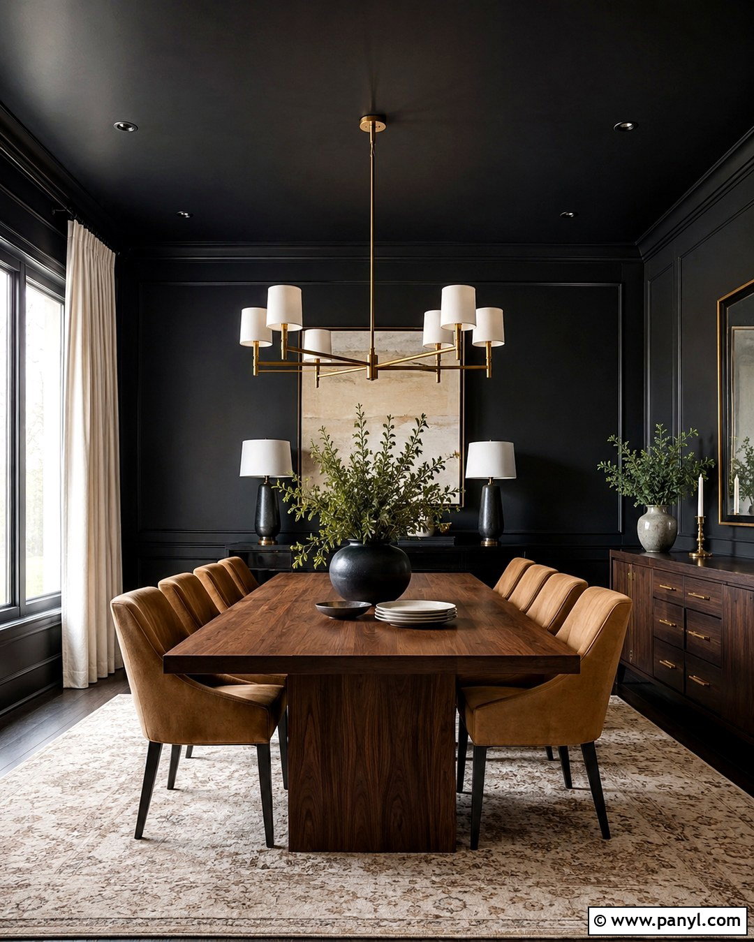 Black Dining Room With Brass Lighting - 20 Black Wall Black Ceiling Ideas