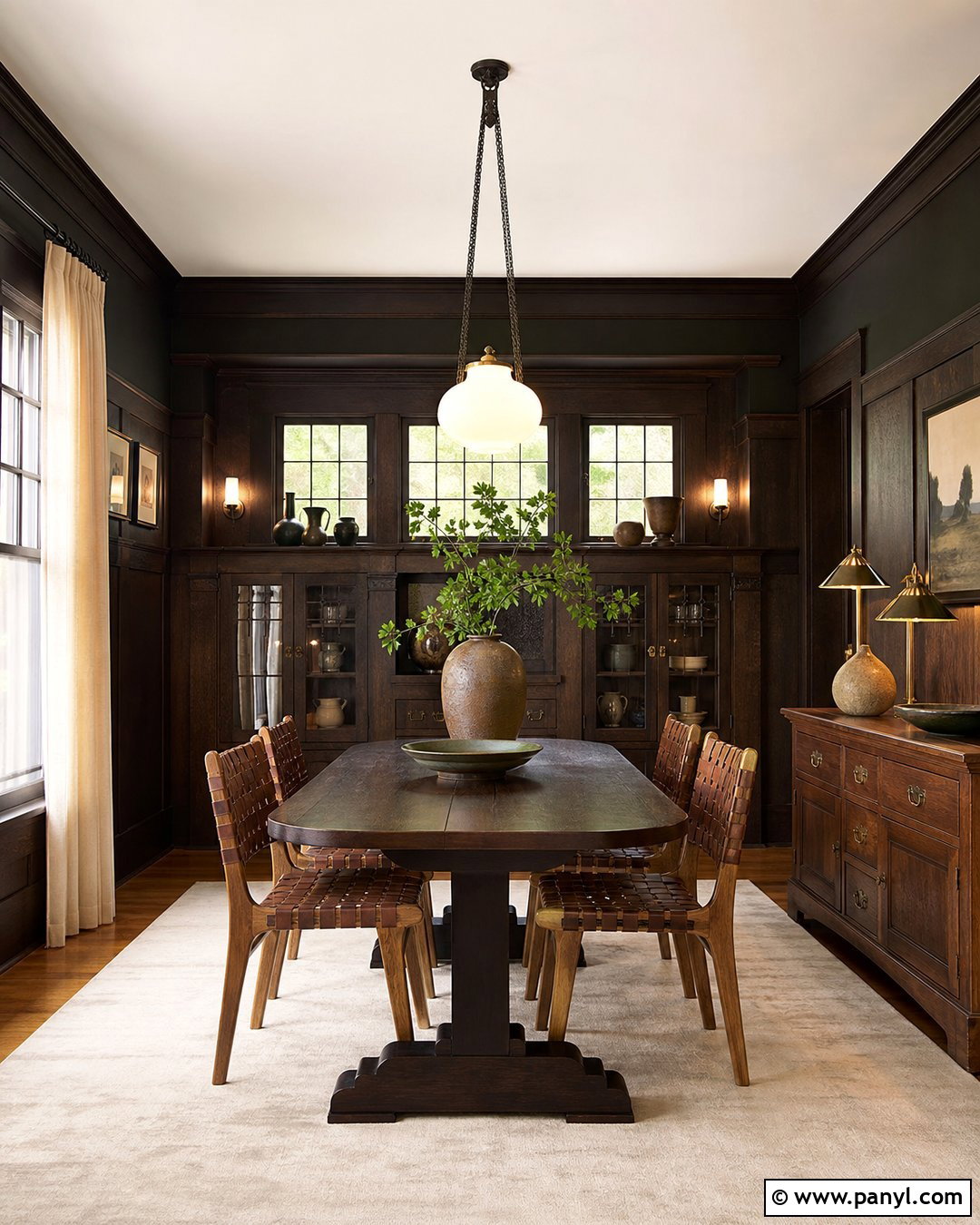 Black Dining Room With Craftsman Woodwork - 20 Dark Walls Unpainted Woodwork Ideas