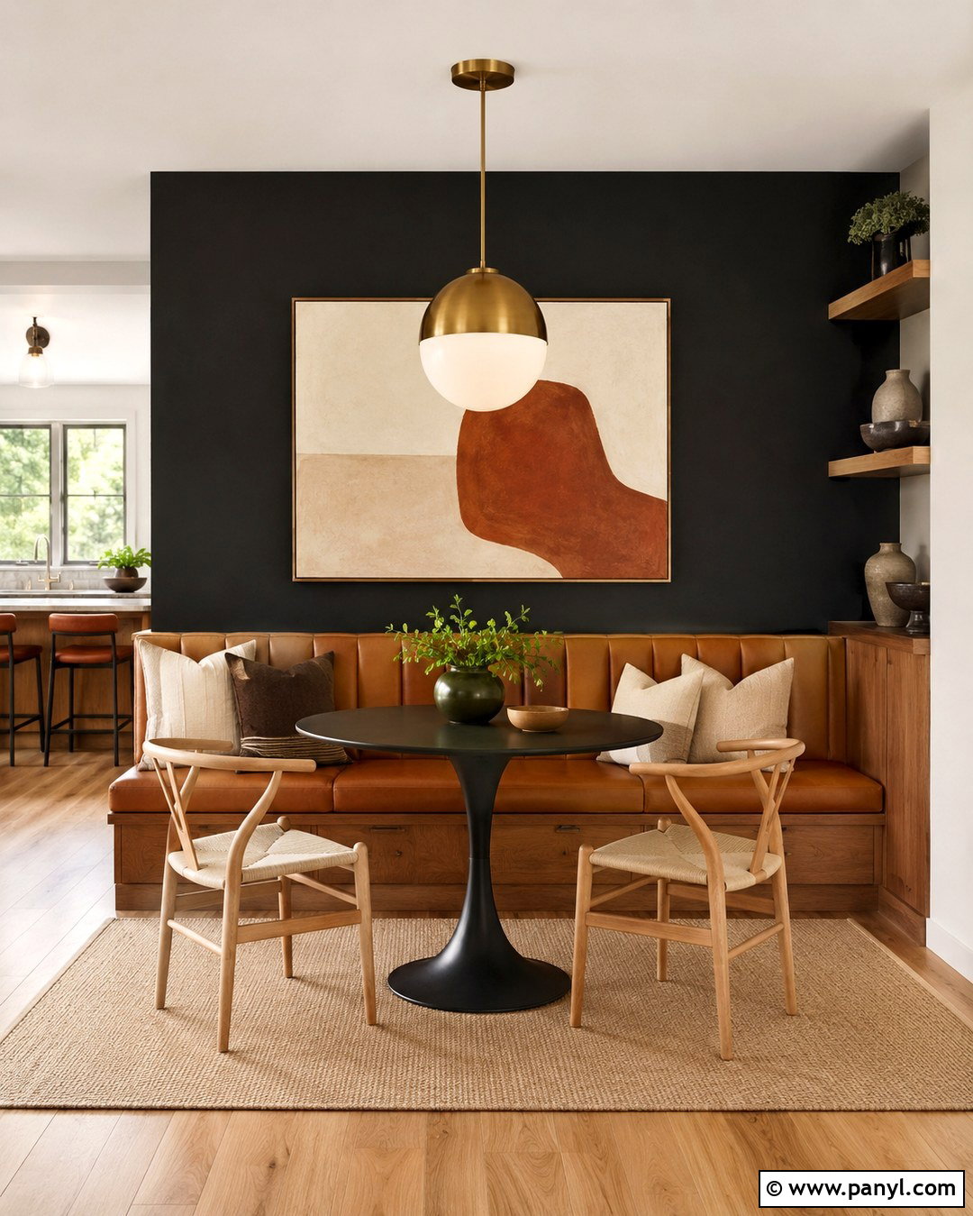 Black Dining Wall With Brown Banquette - 20 Brown Black Accent Wall Ideas