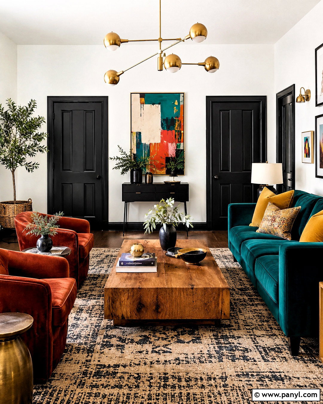Black Doors With Colorful Decor - 35 White Walls Black Doors