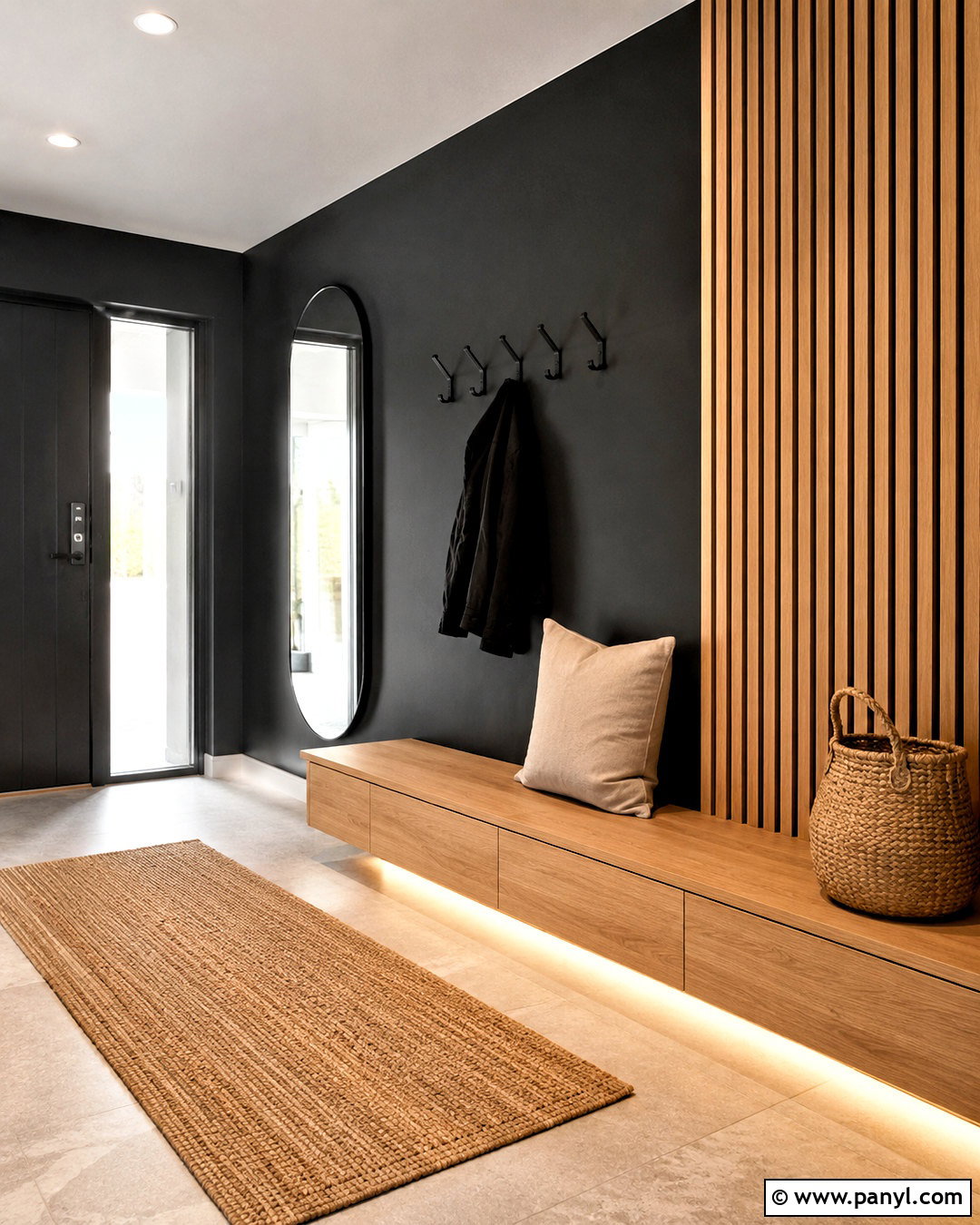 Black Entryway Wall With Wood Slat Bench - 20 black wall with wood slats
