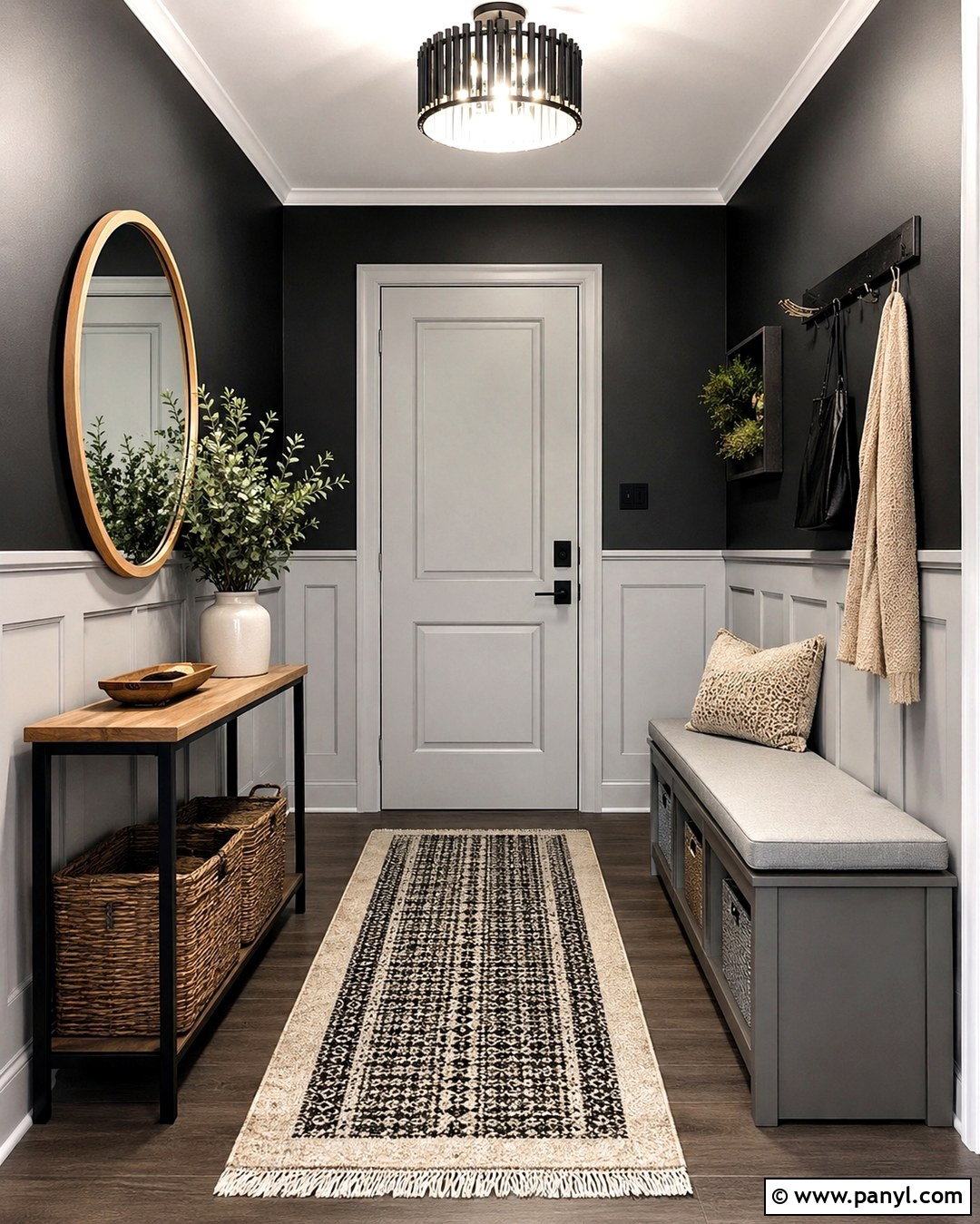 Black Entryway With Grey Wainscoting - 20 Black And Grey Wall Paint Ideas