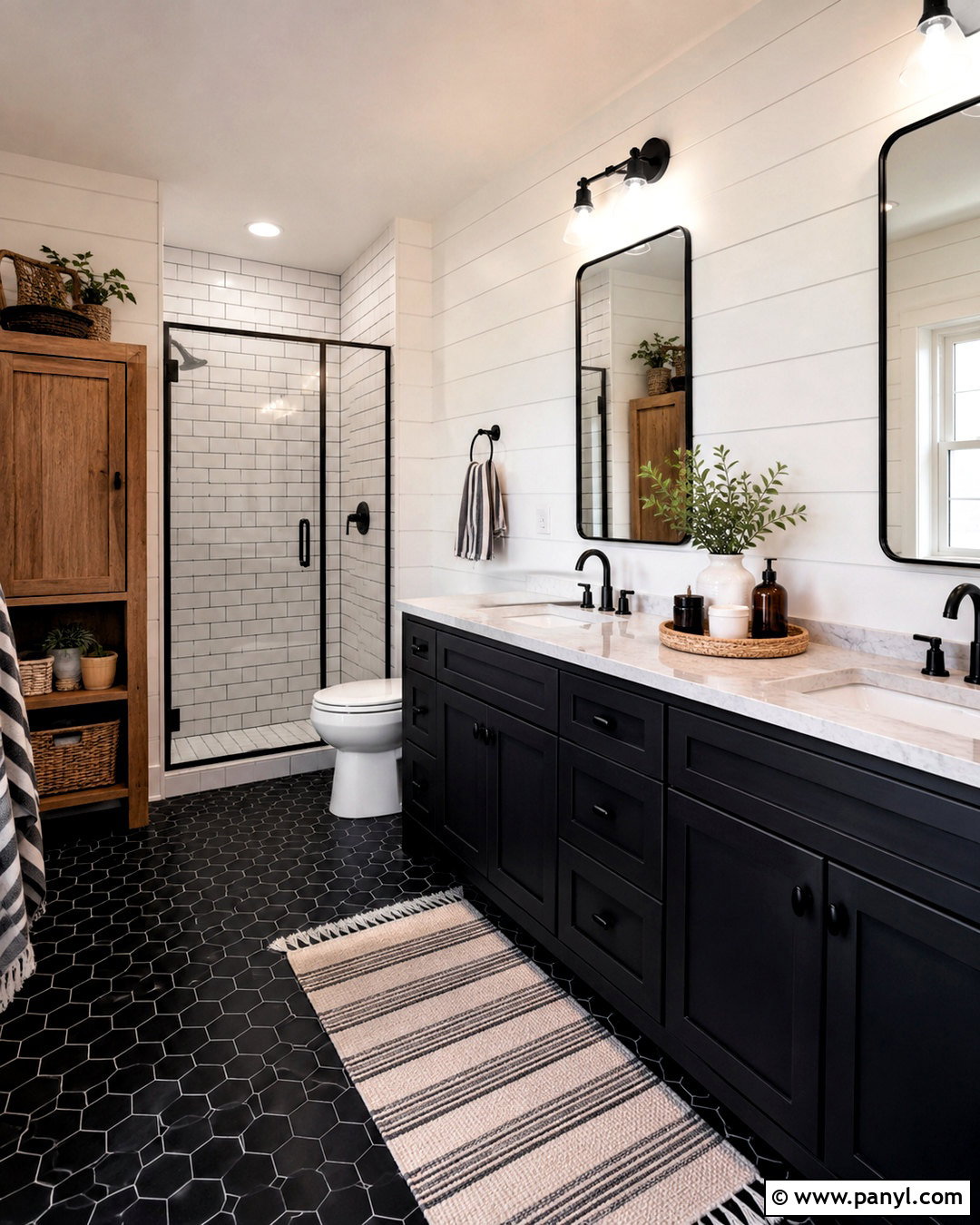 Black Farmhouse Bathroom With White Shiplap - 20 black bathroom aesthetic ideas