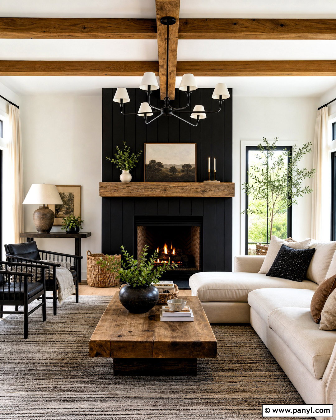 Black Farmhouse Fireplace With Ceiling Beams - 20 living room with black fireplace ideas