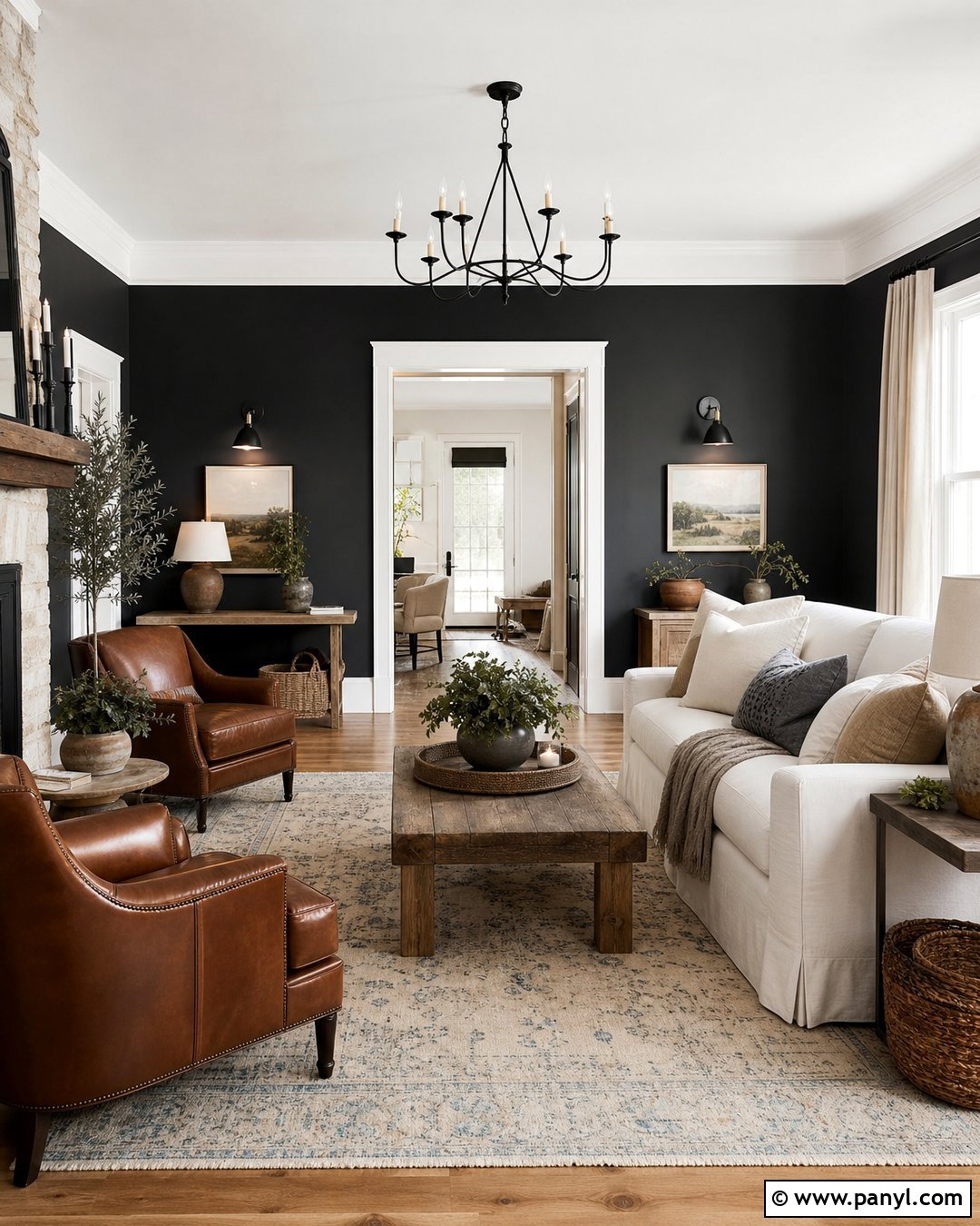 Black Farmhouse Living Room With White Trim - 30 Black Walls White Trim Ideas