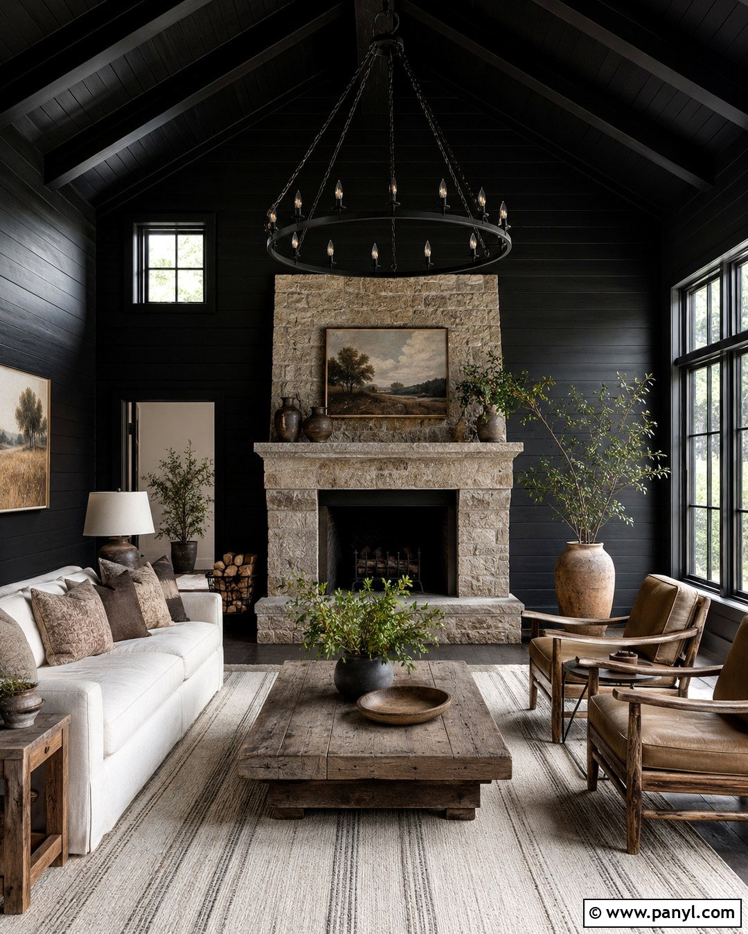Black Farmhouse Living Room - 20 Black Wall Black Ceiling Ideas