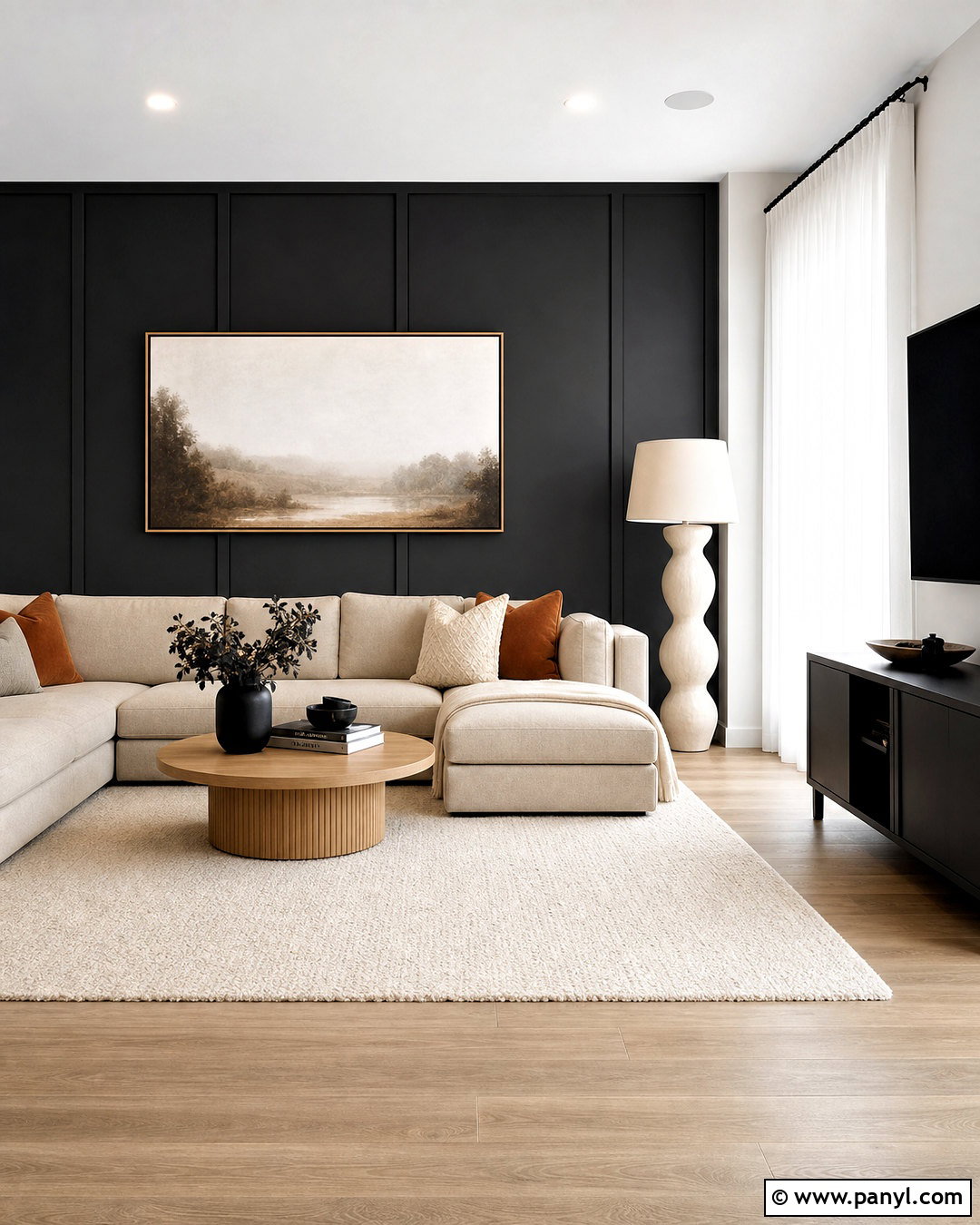 Black Feature Wall With Beige Sectional - 20 black feature wall living room ideas