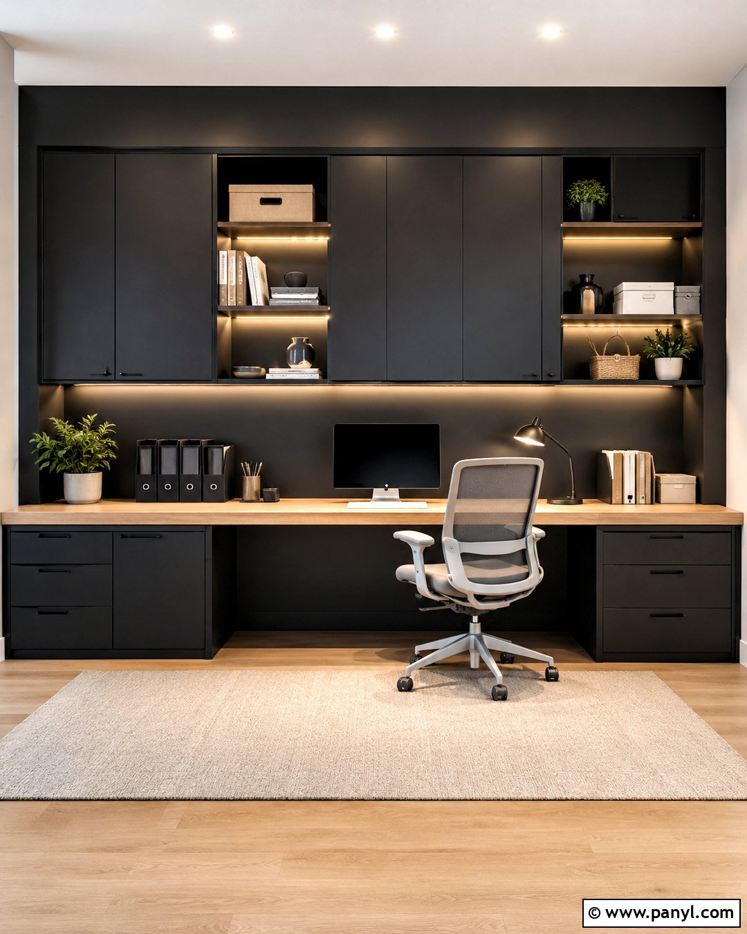 Black Feature Wall With Desk Storage - 40 Black Feature Wall Ideas