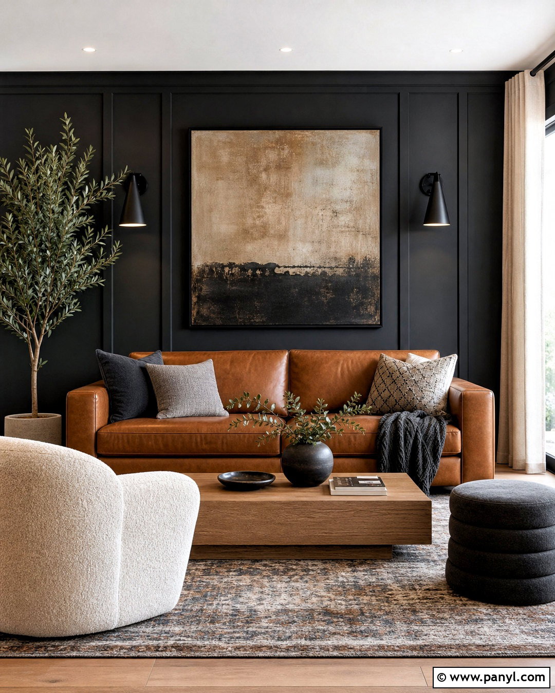 Black Feature Wall With Leather Sofa - 20 black feature wall living room ideas