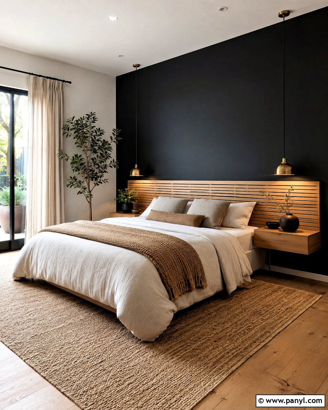 Black Feature Wall With Wood Headboard - 40 Black Feature Wall Ideas