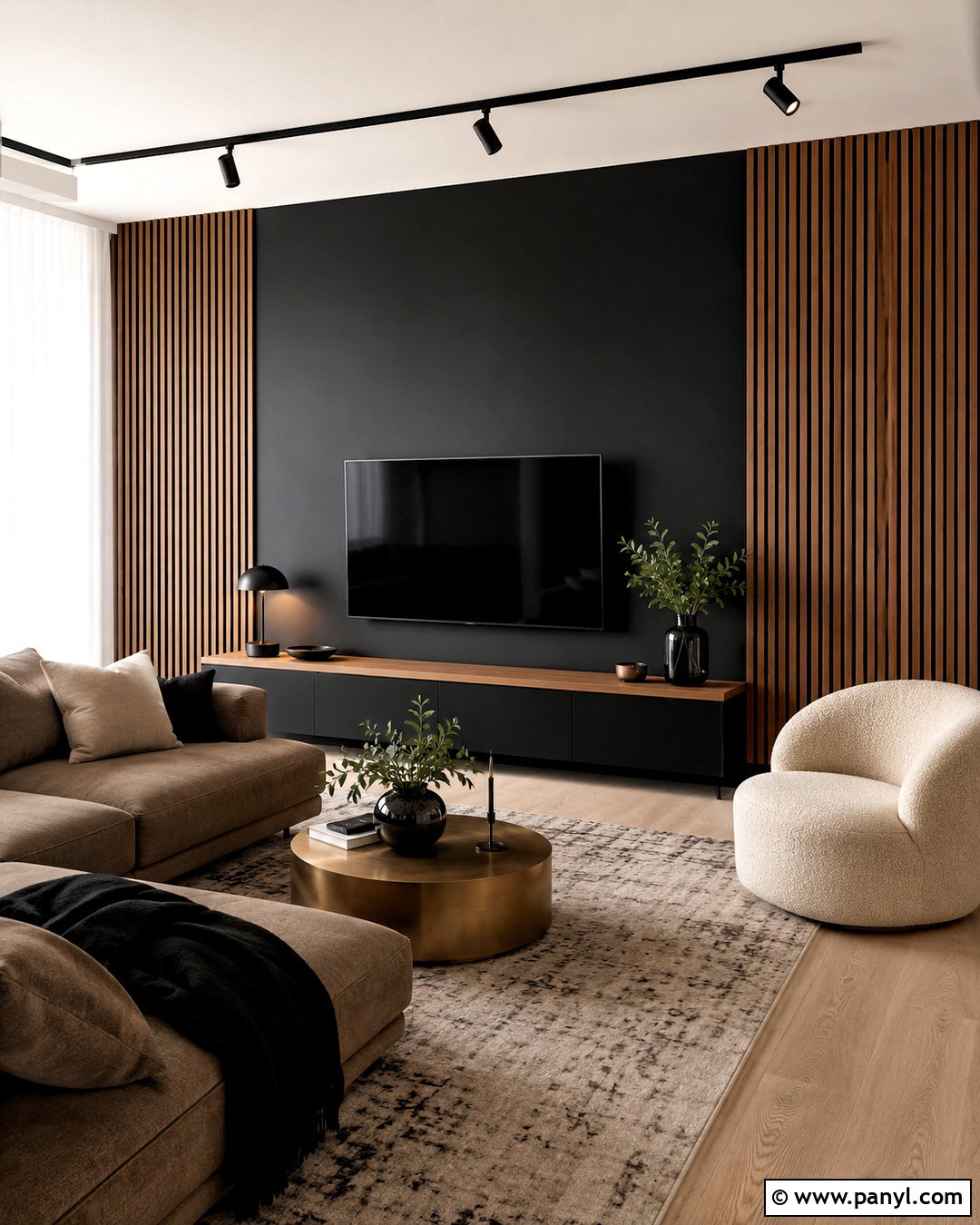 Black Feature Wall With Wood Panels - 40 Black Feature Wall Ideas