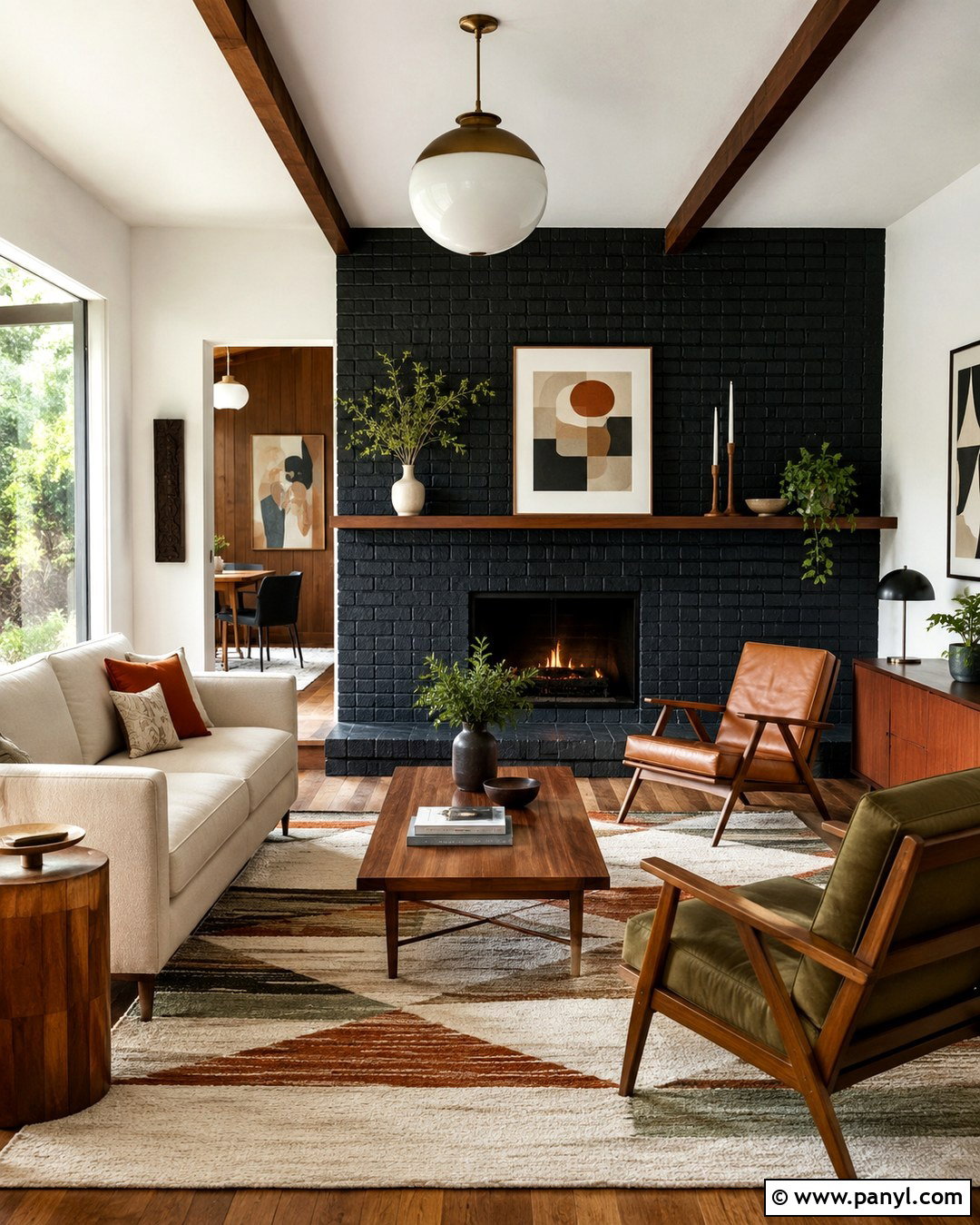Black Fireplace In Midcentury Living Room - 20 Black Paint Fireplace Ideas