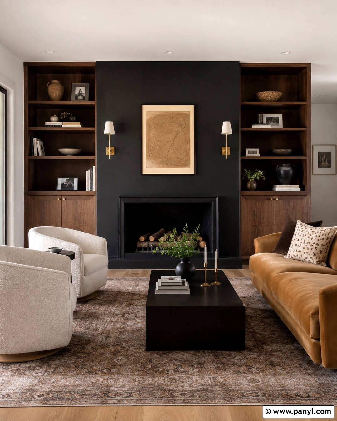 Black Fireplace Wall With Brown Built-Ins - 20 Brown Black Accent Wall Ideas