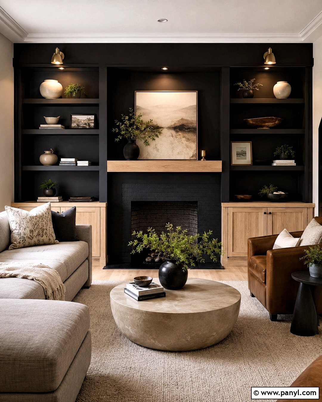 Black Fireplace Wall With Built-In Shelves - 20 black walls living room ideas