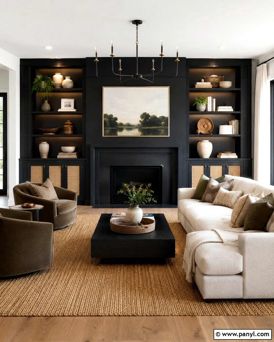 Black Fireplace Wall With Built-In Shelves - 20 Black Accent Wall Living Room Fireplaces
