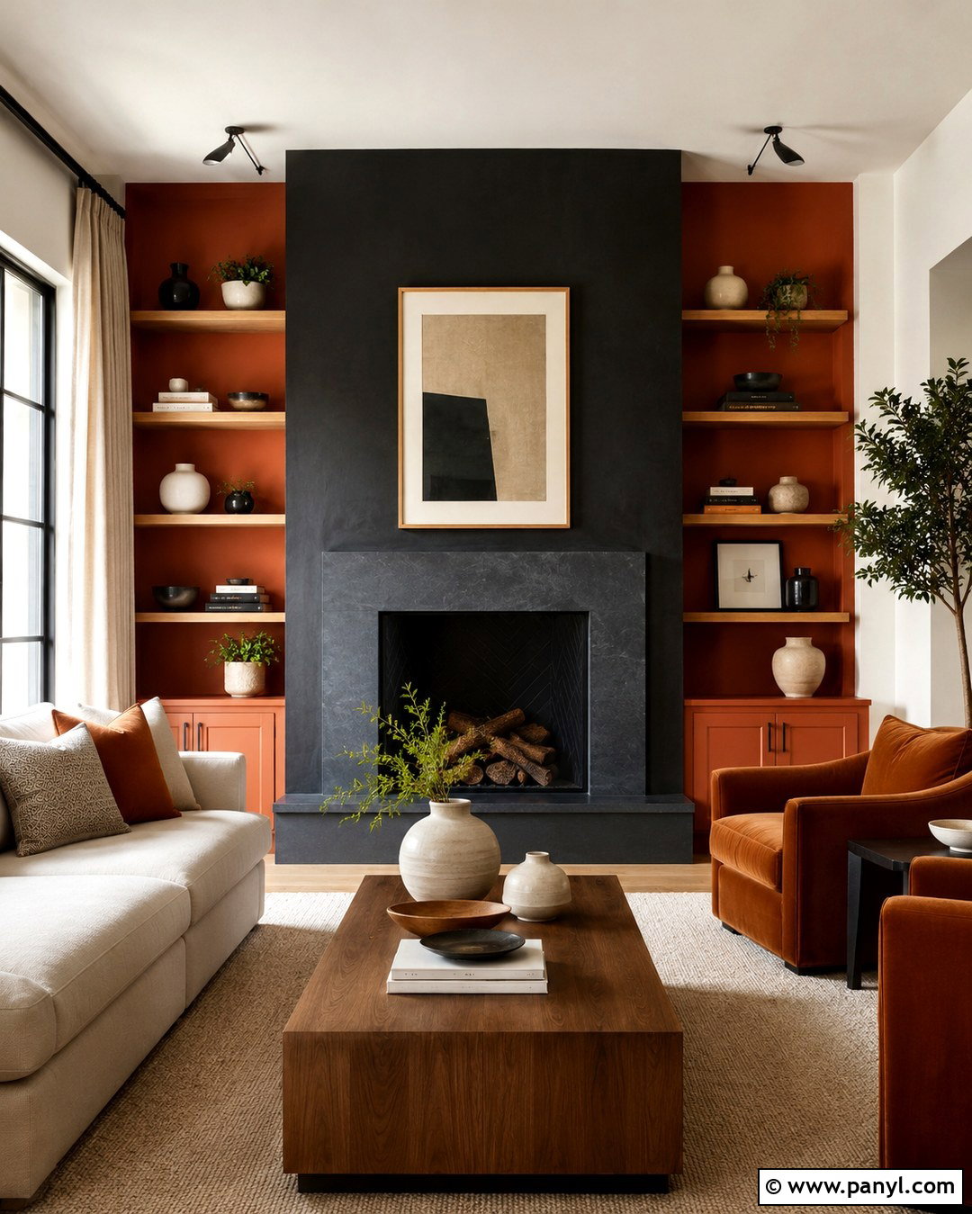 Black Fireplace Wall With Orange Built-Ins - 20 black and orange walls