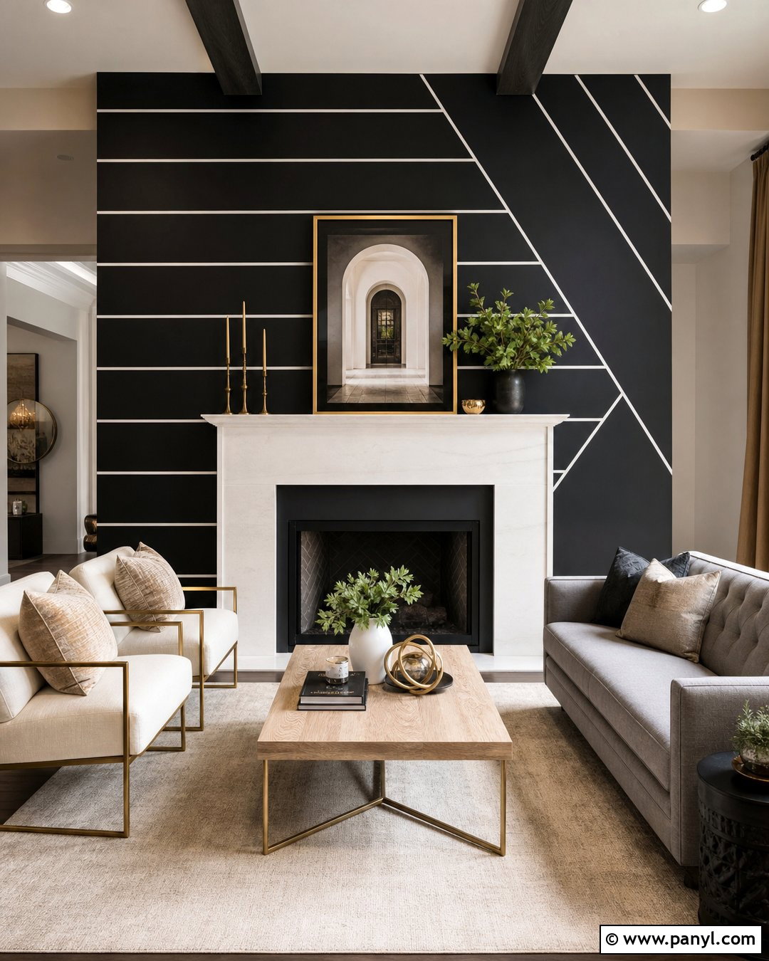Black Fireplace Wall With Radiating White Stripes - 20 Black Wall With White Stripes