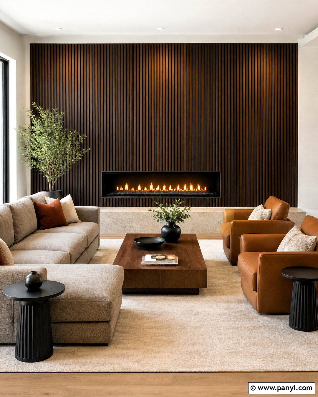 Black Fireplace Wall With Walnut Slats - 20 black wall with wood slats