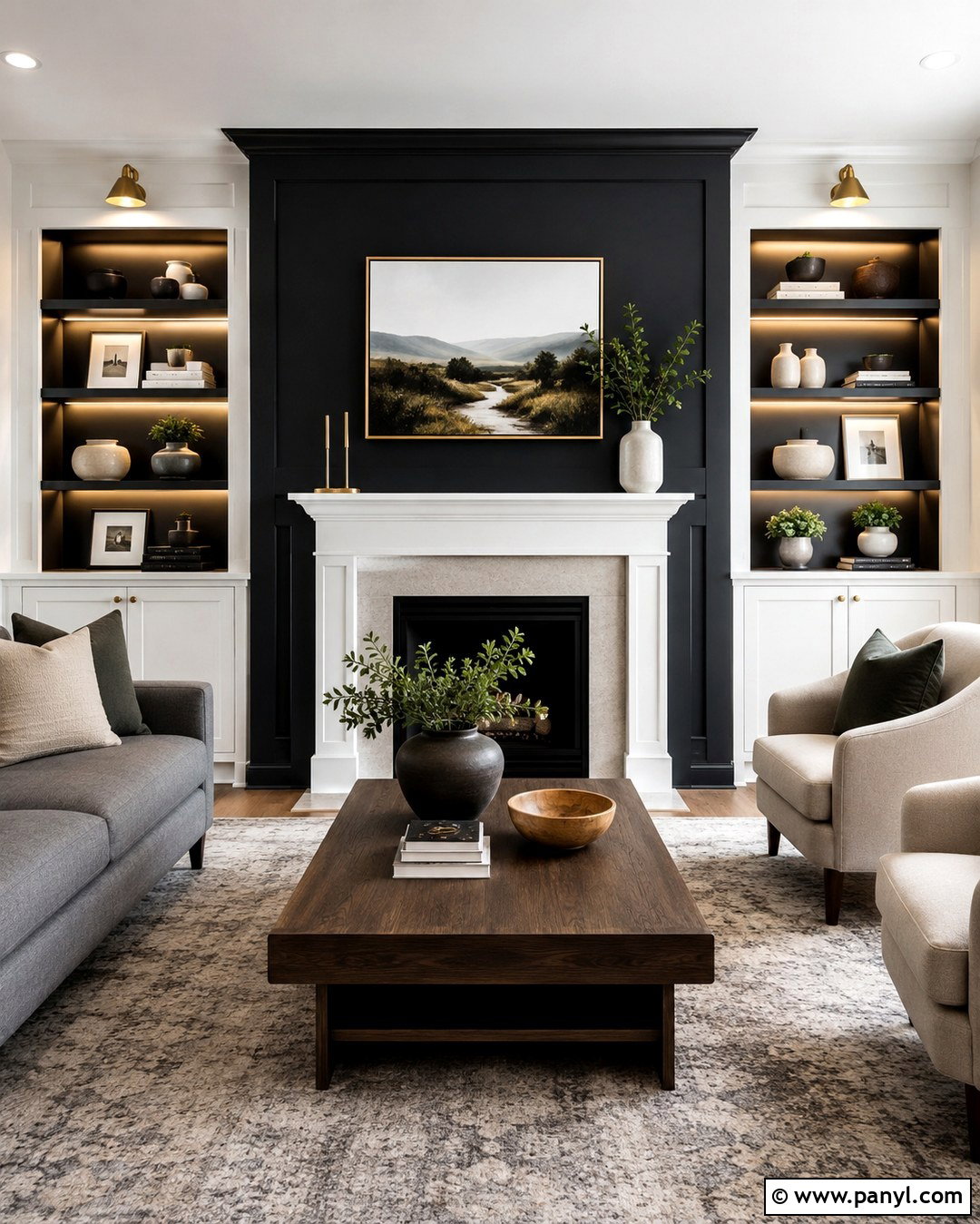 Black Fireplace Wall With White Built-Ins - 20 Black Accent Wall White Fireplace Ideas