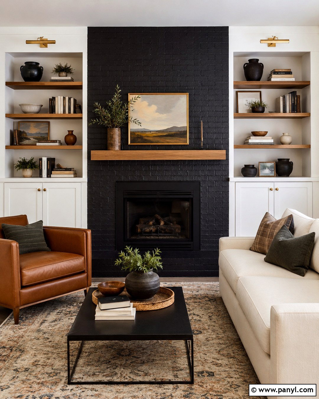 Black Fireplace With Built-In Shelves - 20 Black Paint Fireplace Ideas
