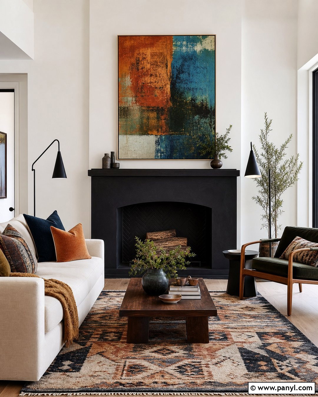Black Fireplace With Colorful Artwork - 35 Black Fireplace White Walls