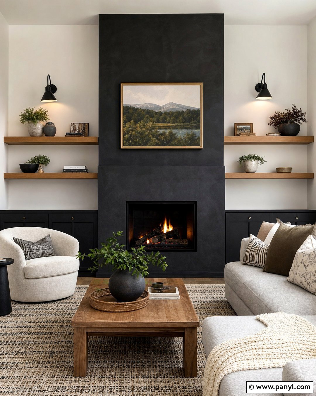 Black Fireplace With Floating Wood Shelves - 35 Black Fireplace White Walls