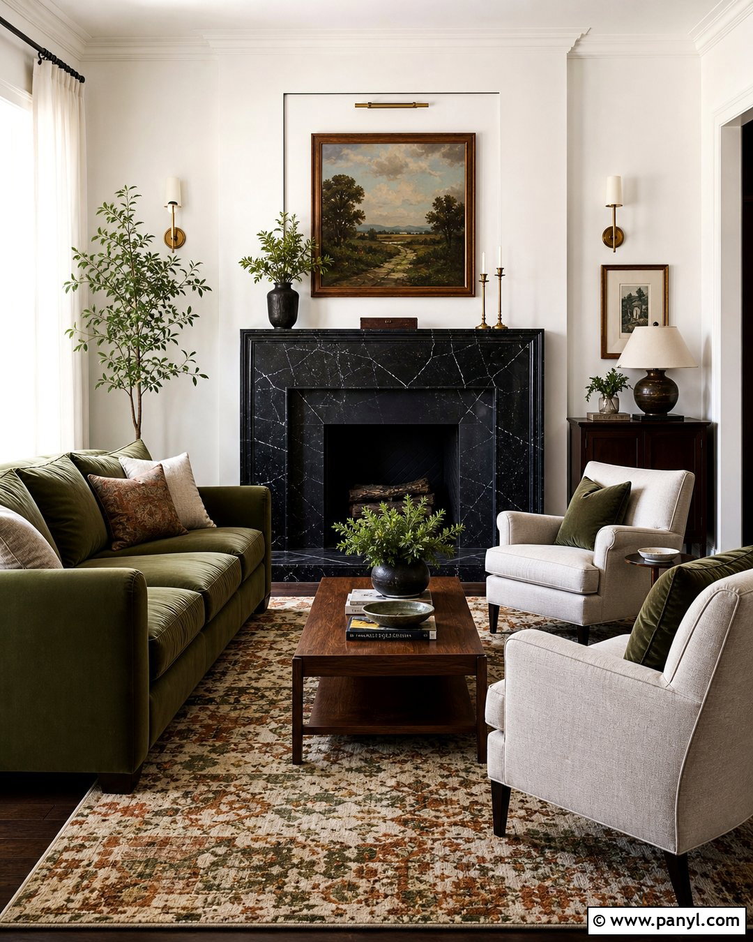 Black Fireplace With Green Sofa - 35 Black Fireplace White Walls