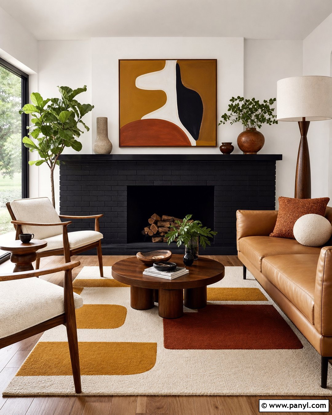 Black Fireplace With Midcentury Furniture - 35 Black Fireplace White Walls