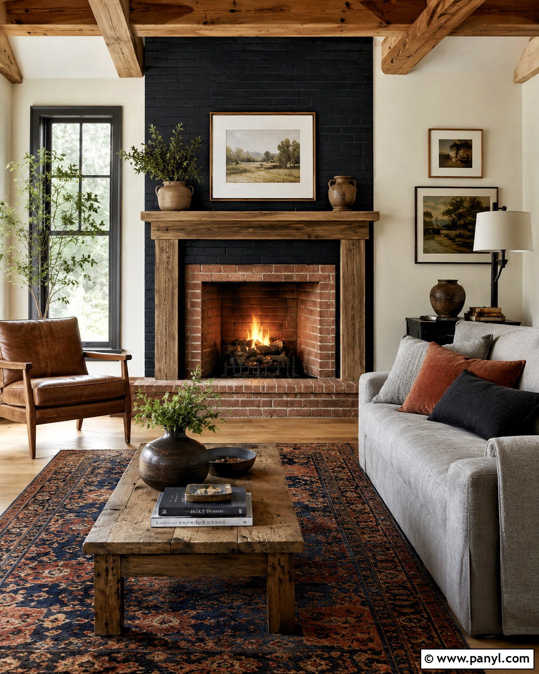 Black Fireplace With Natural Brick Hearth - 20 dark painted fireplace ideas