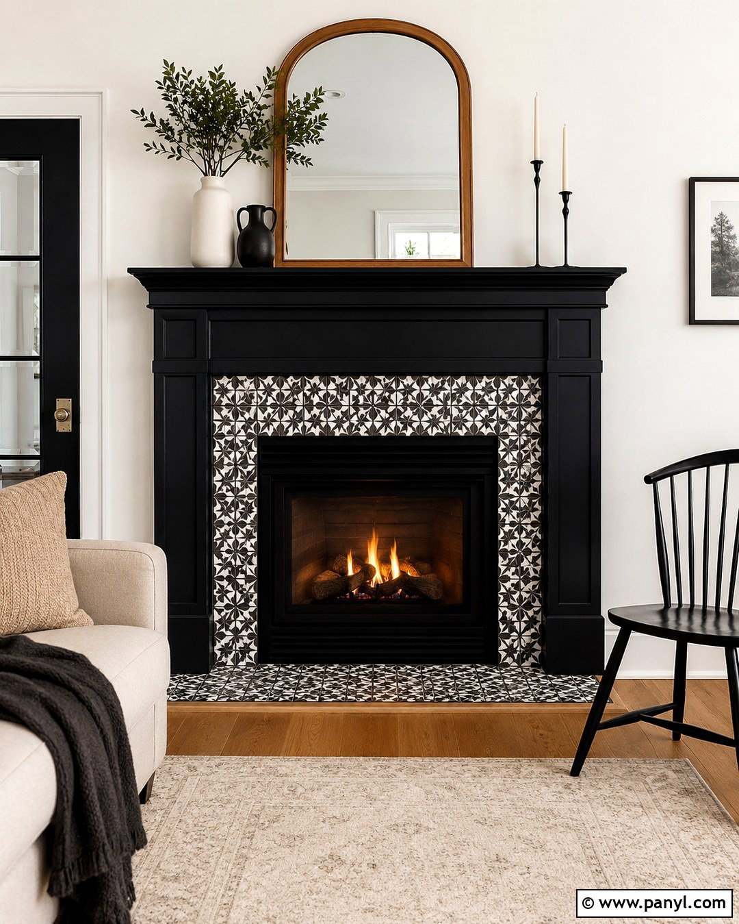 Black Fireplace With Patterned Tile - 20 Black Paint Fireplace Ideas