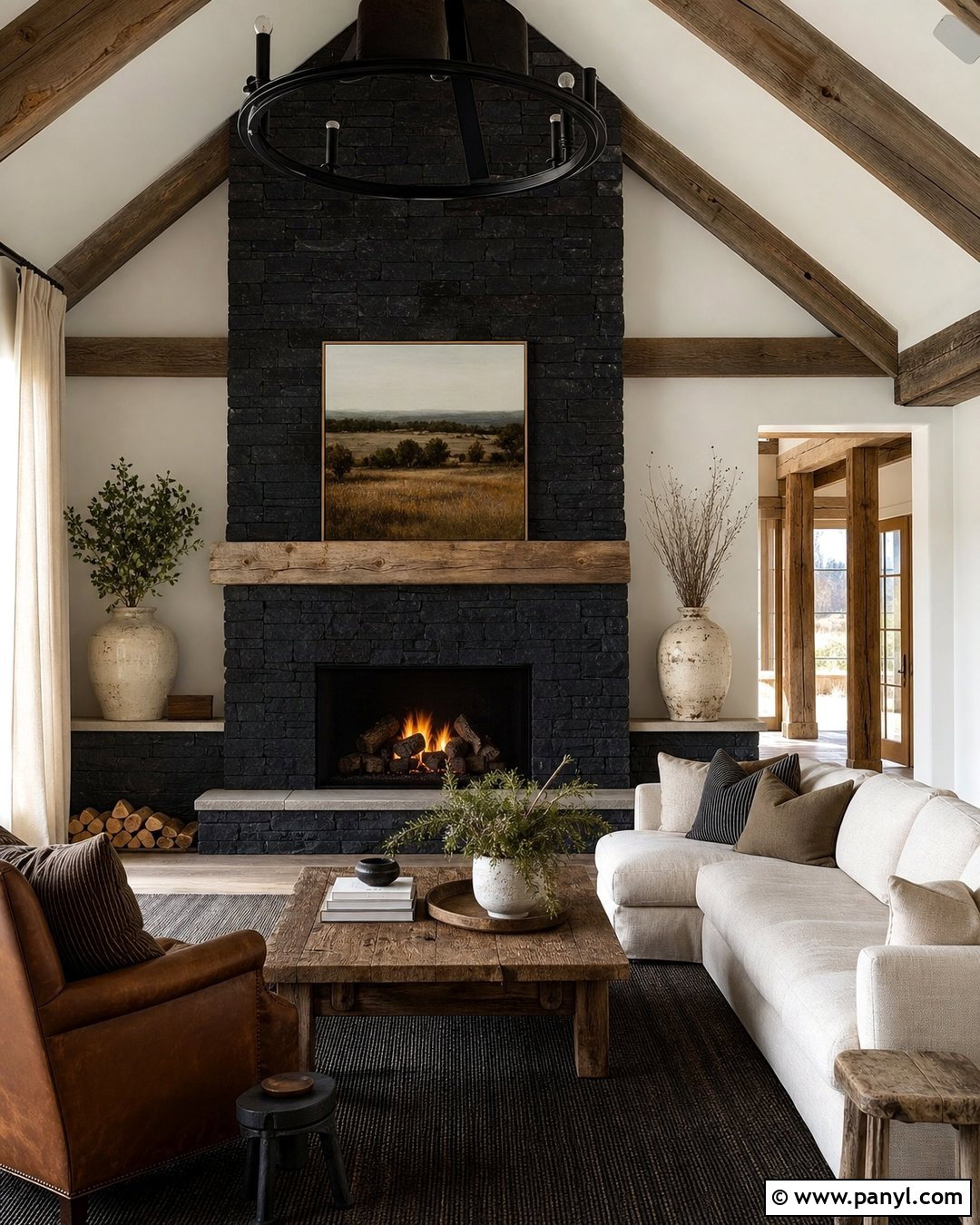 Black Fireplace With Rustic Wood Beams - 35 Black Fireplace White Walls