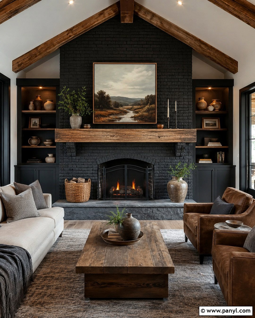 Black Fireplace With Stone Hearth - 20 Black Paint Fireplace Ideas