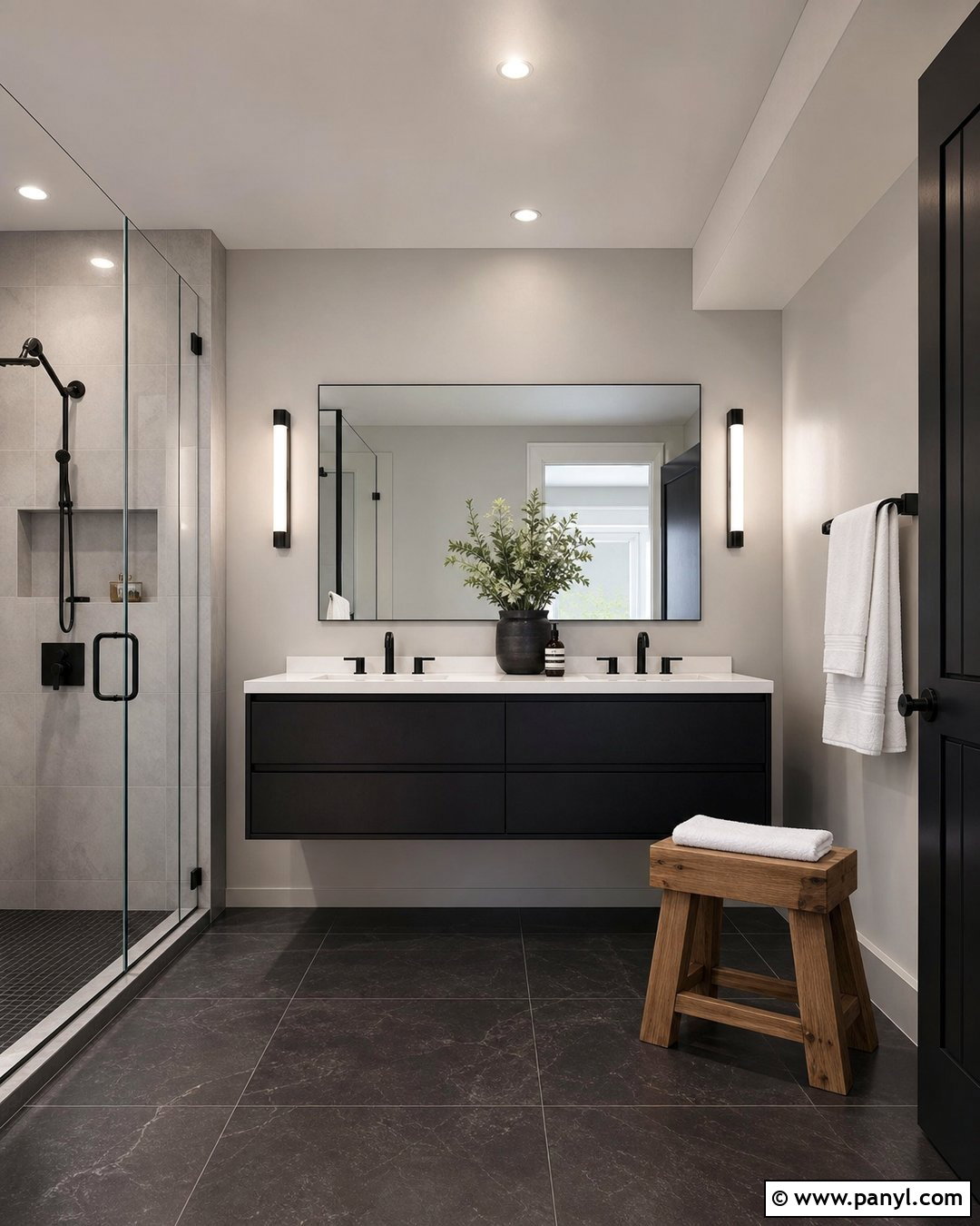 Black Floor And Gray Walls With Black Vanity - 20 Bathroom Black Floor Grey Walls
