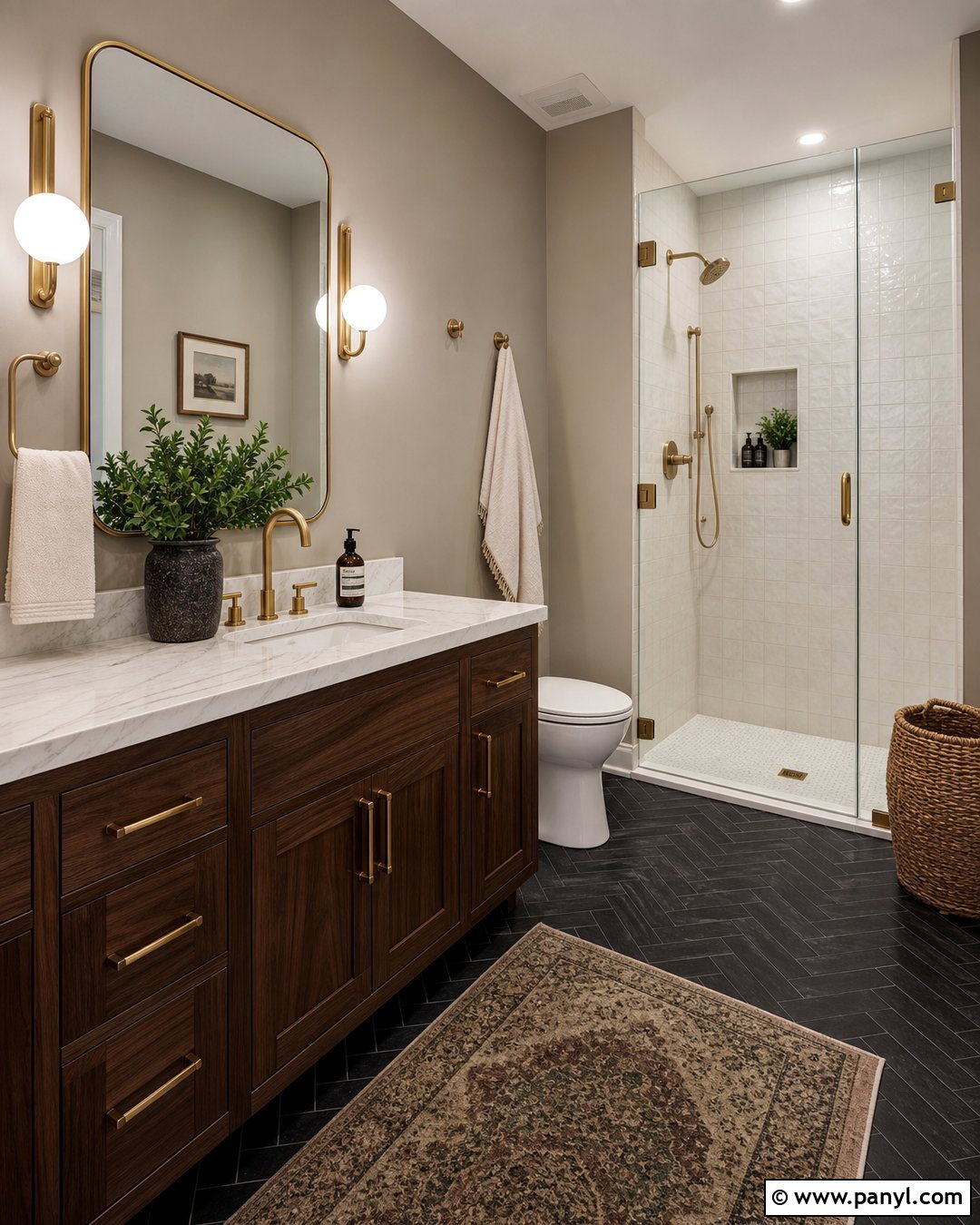 Black Floor And Gray Walls With Brass Fixtures - 20 Bathroom Black Floor Grey Walls