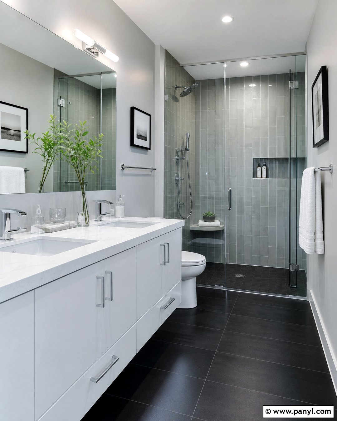 Black Floor And Gray Walls With Chrome Fixtures - 20 Bathroom Black Floor Grey Walls