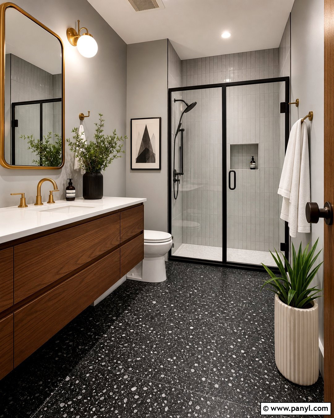 Black Floor And Gray Walls With Walnut Vanity - 20 Bathroom Black Floor Grey Walls