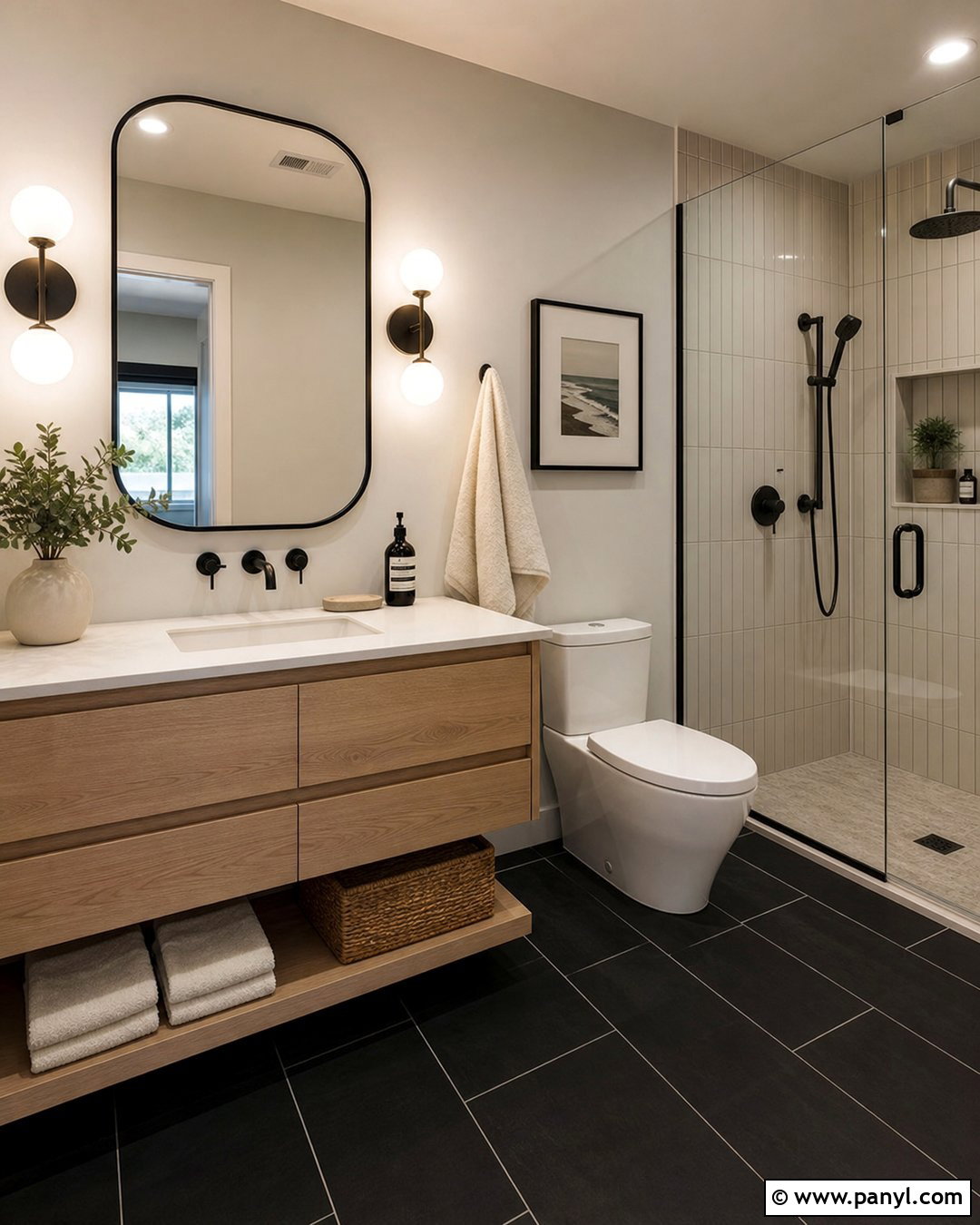 Black Floor And Gray Walls With White Oak Vanity - 20 Bathroom Black Floor Grey Walls