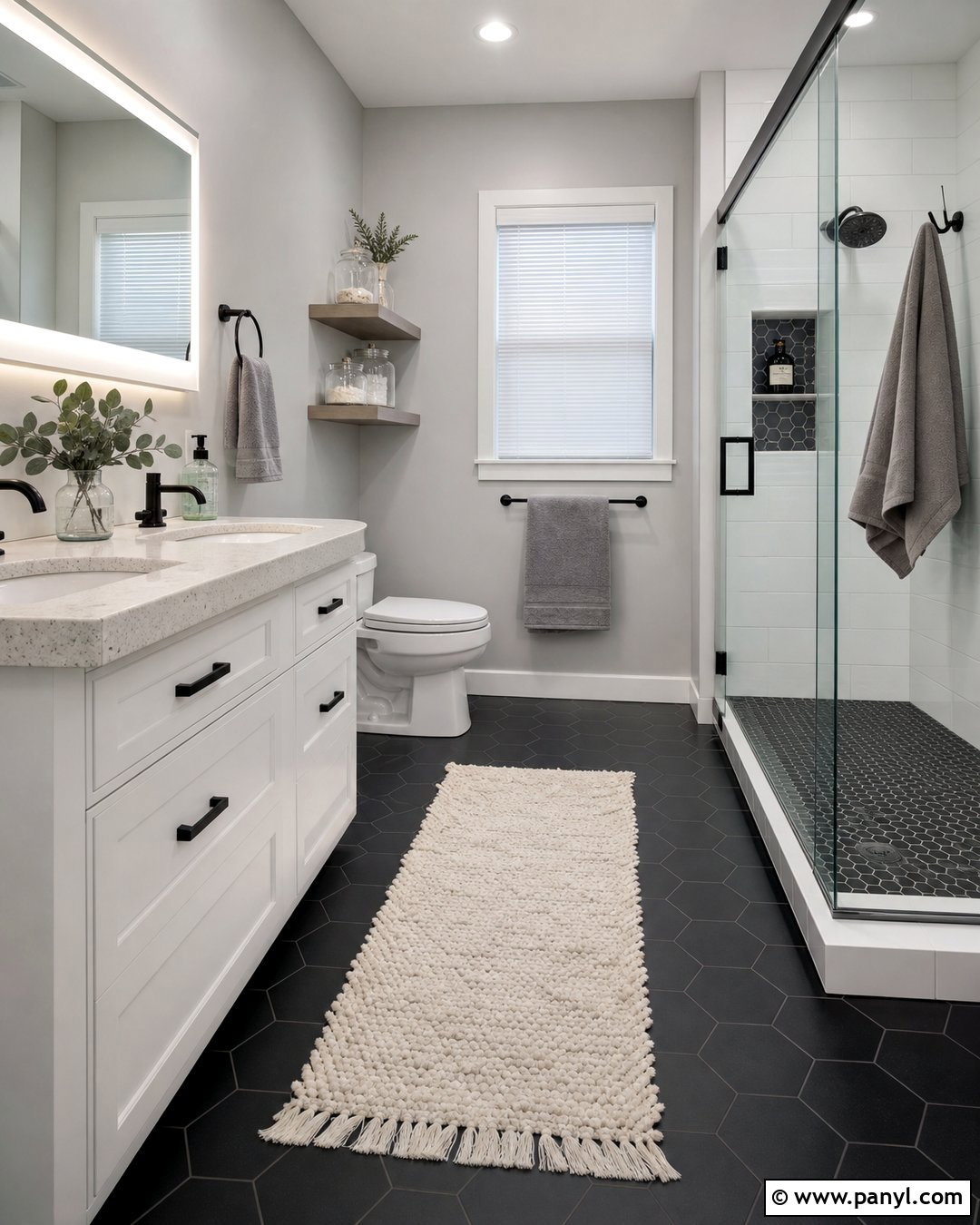 Black Floor And Gray Walls With White Vanity - 20 Bathroom Black Floor Grey Walls