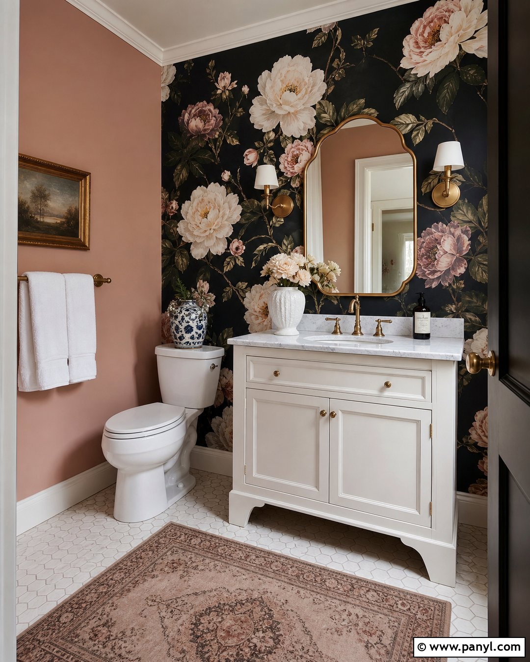 Black Floral Accent Wall Bathroom - 35 Black Accent Wall Bathroom Ideas