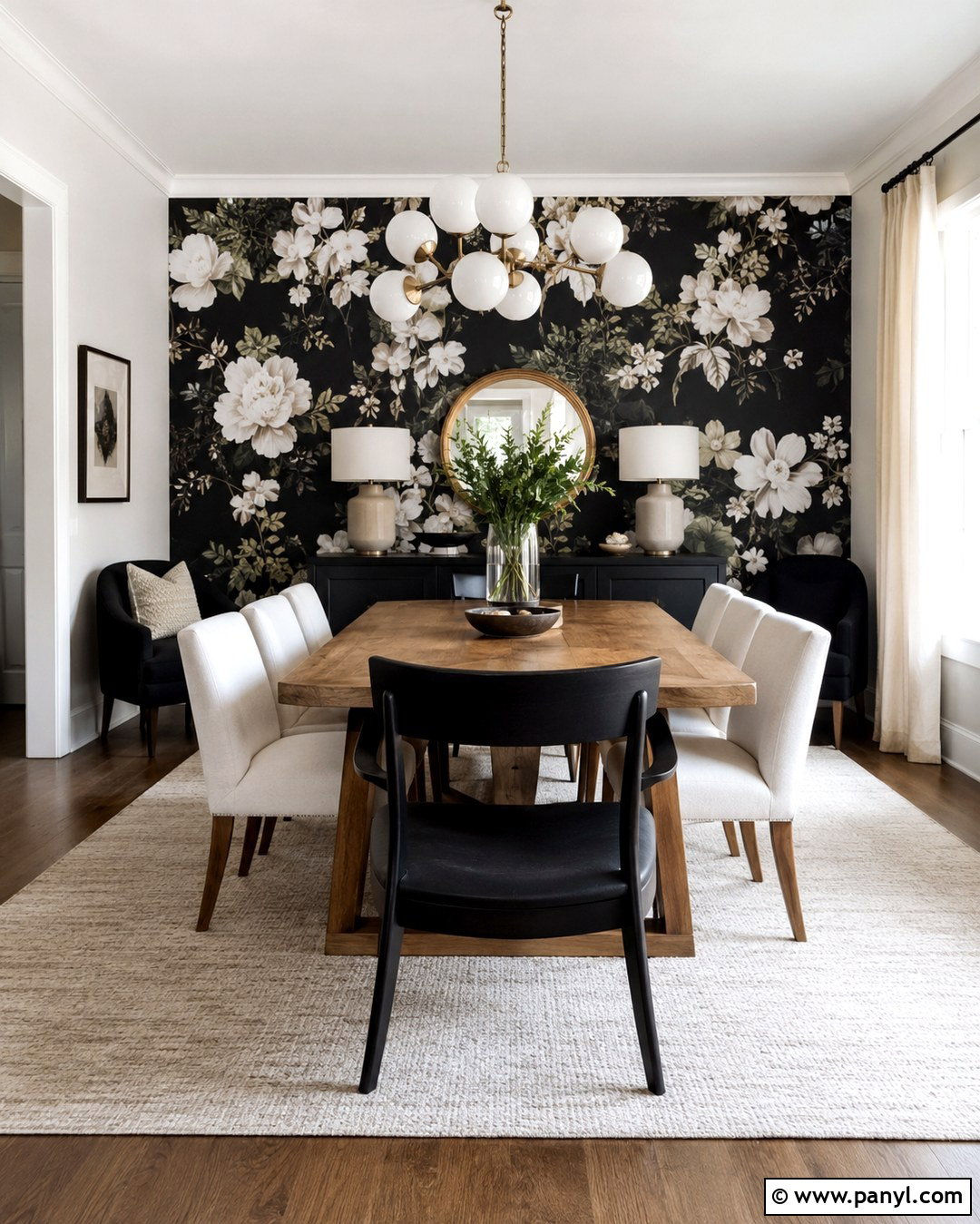 Black Floral Wallpaper Dining Room Accent Wall - 20 White And Black Accent Wall Ideas