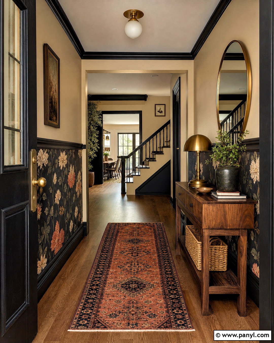 Black Floral Wallpaper In An Entryway - 20 wallpaper on bottom half of wall ideas
