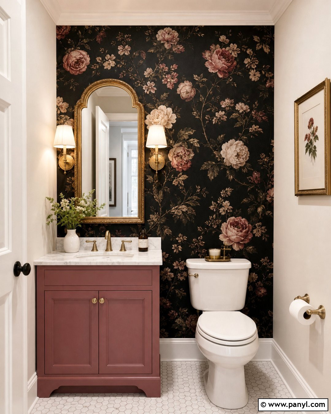 Black Floral Wallpaper Wall - 20 Black Accent Wall Half Bathroom Ideas