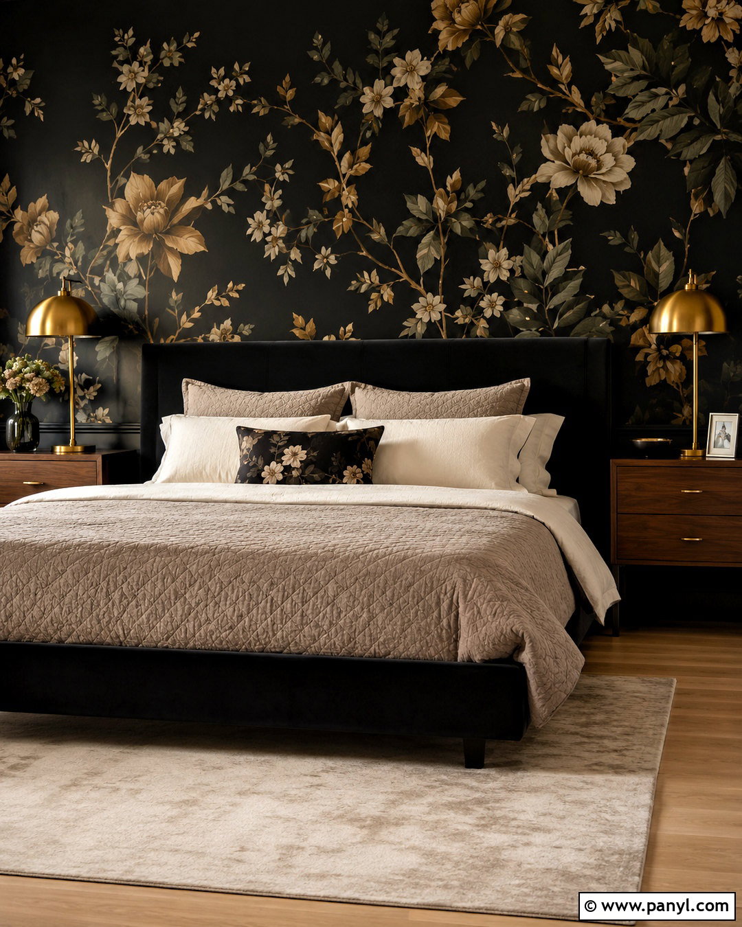 Black Floral Wallpaper With Gold Details - 20 black and gold accent wall ideas