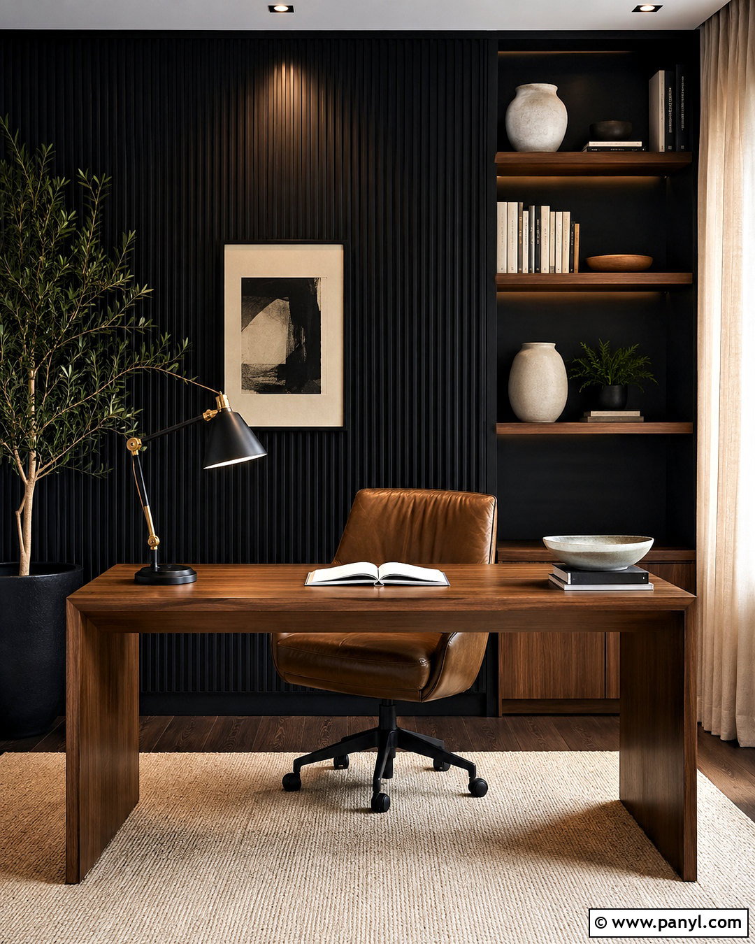 Black Fluted Panel Home Office - 20 black wall paneling ideas
