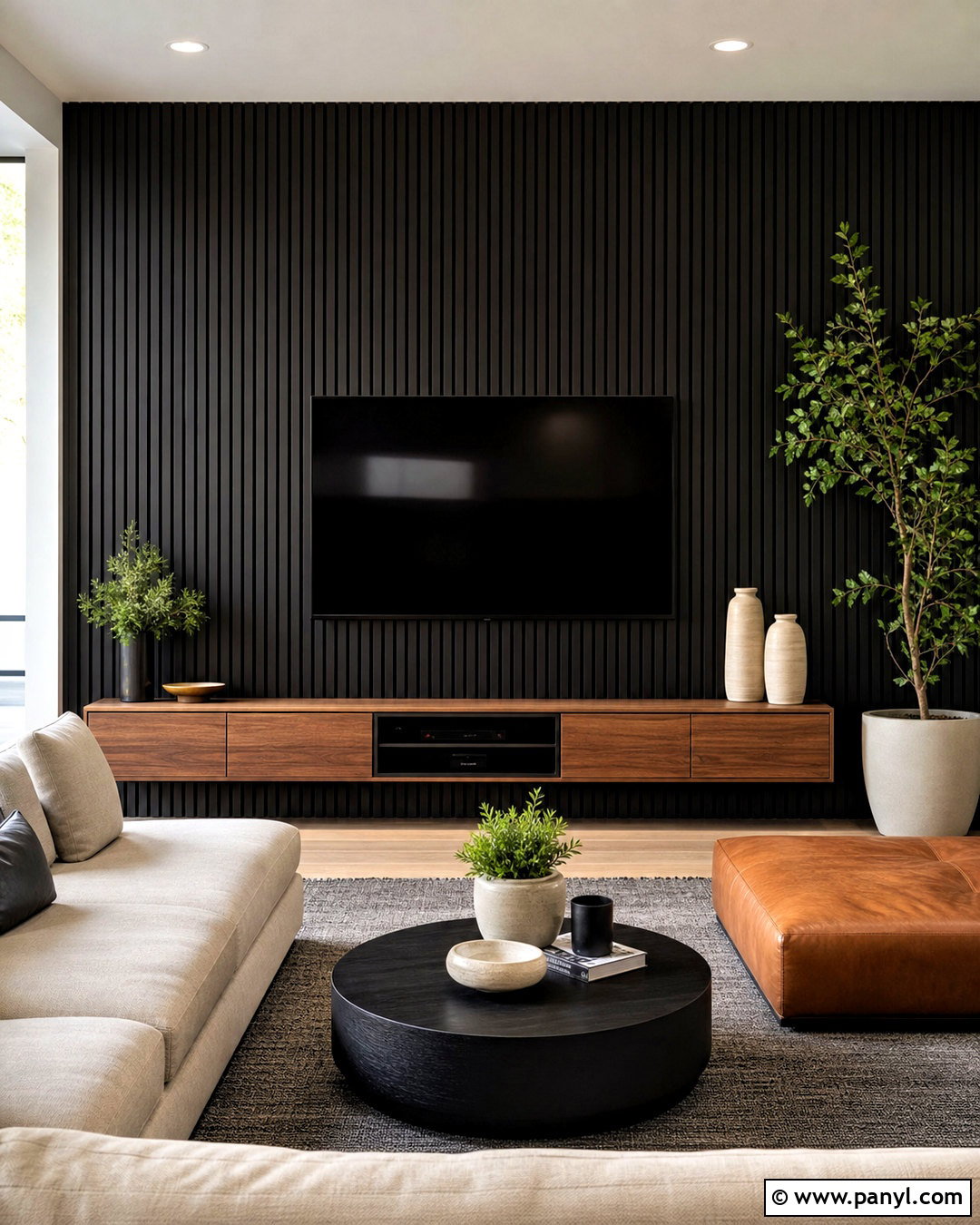 Black Fluted TV Wall - 20 black panel wall ideas