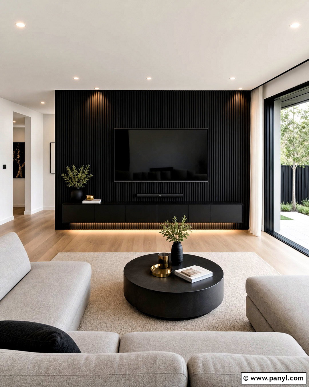 Black Fluted TV Wall With Floating Cabinet - 20 tv wall design black ideas